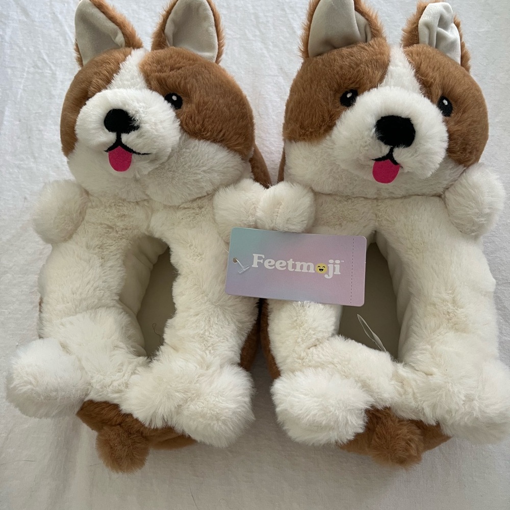 Brown and White Corgi Plush Slippers